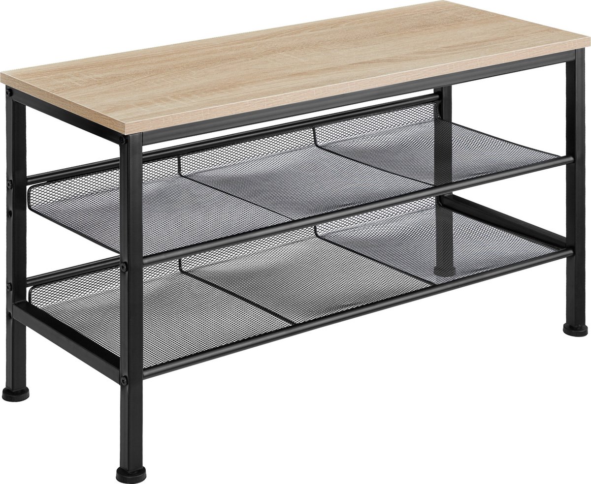 tectake® Smal schoenenrek met zitje - 3 niveaus van 1 zitje en 2 roosterplanken - Schoenenbank van hout en metaal - Industrieel design - Zwart metalen frame - Afmeting (LxBxH) 75,5 x 30,5 x 45,5 cm - Lichtbruin (4061173205995)