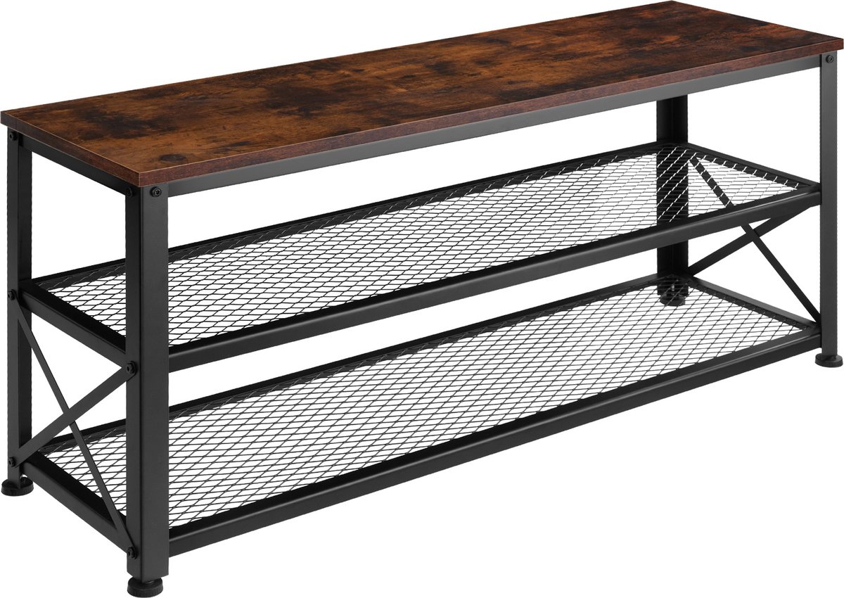 tectake® Smal schoenenrek met zitje - 3 niveaus van 1 zitje en 2 roosterplanken - Schoenenbank van hout en metaal - Industrieel design - Zwart metalen frame - Afmeting (LxBxH) 101 x 30,5 x 45,5 cm - Donkerbruin (4061173205964)