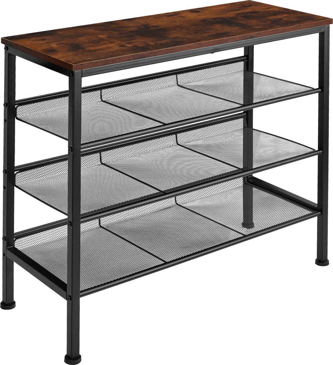 tectake® Smalle Schoenenkast met Opbergruimte - Hout & Metaal, Industriële Stijl, 4 Niveaus, 3 Roosterplanken, 75,5x30,5x69,5 cm - Industrial Dark Brown (4061173205902)