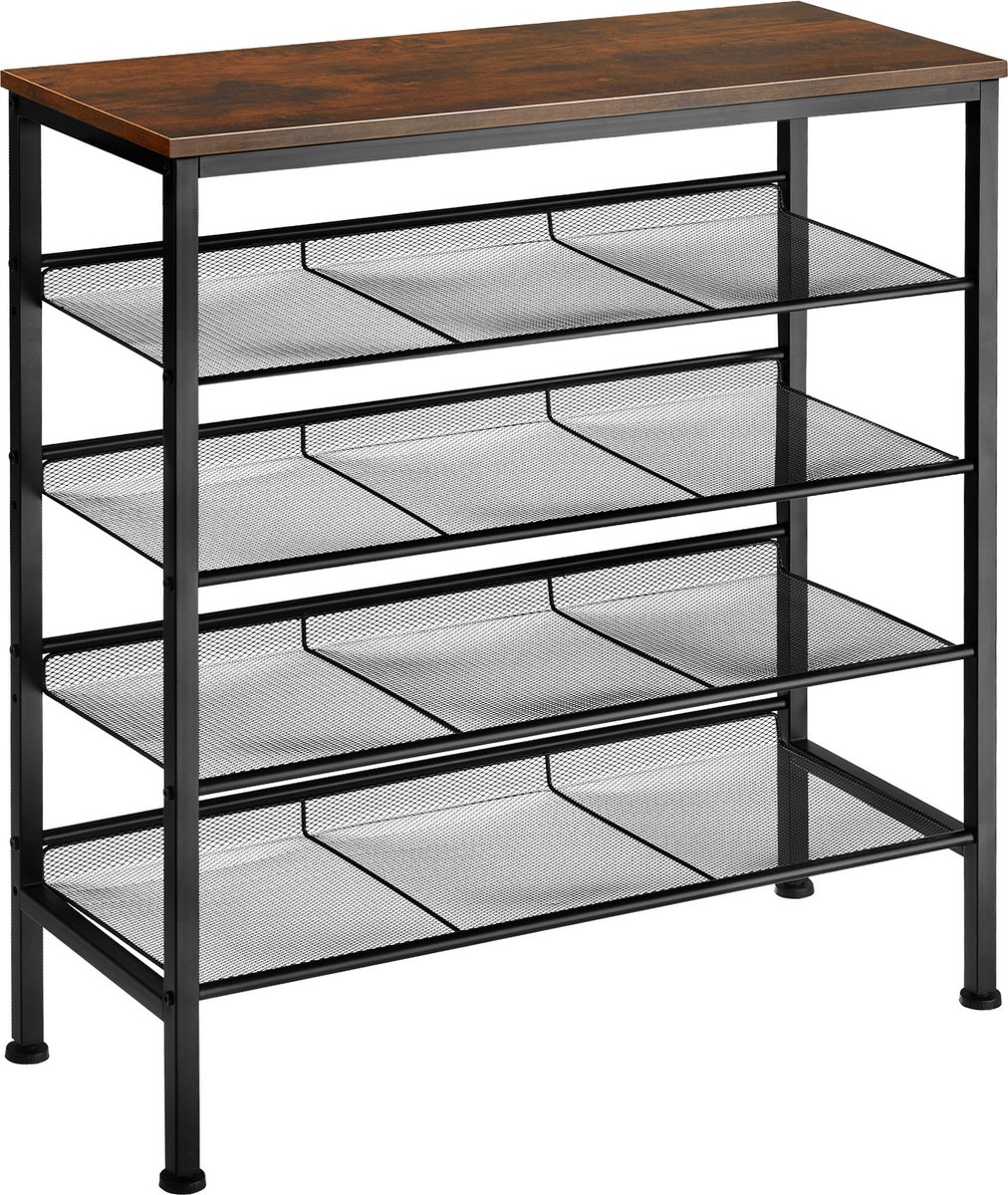tectake® Smalle Schoenenkast met Opbergruimte - Hout & Metaal, Industriële Stijl, 5 Niveaus, 4 Roosterplanken, 75,5x30,5x85,5 cm - Industrial Dark Brown (4061173205865)