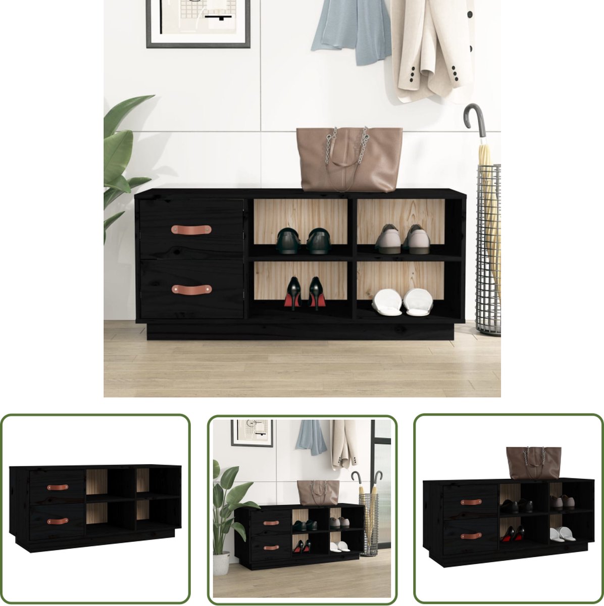 vidaXL Hout Meubilair - Schoenenkast - Schoenenbank 100x34x45 cm massief grenenhout zwart - Grenenhouten Kast - Zwarte Schoenenkast - Schoenen Organisatie (8721031227373)