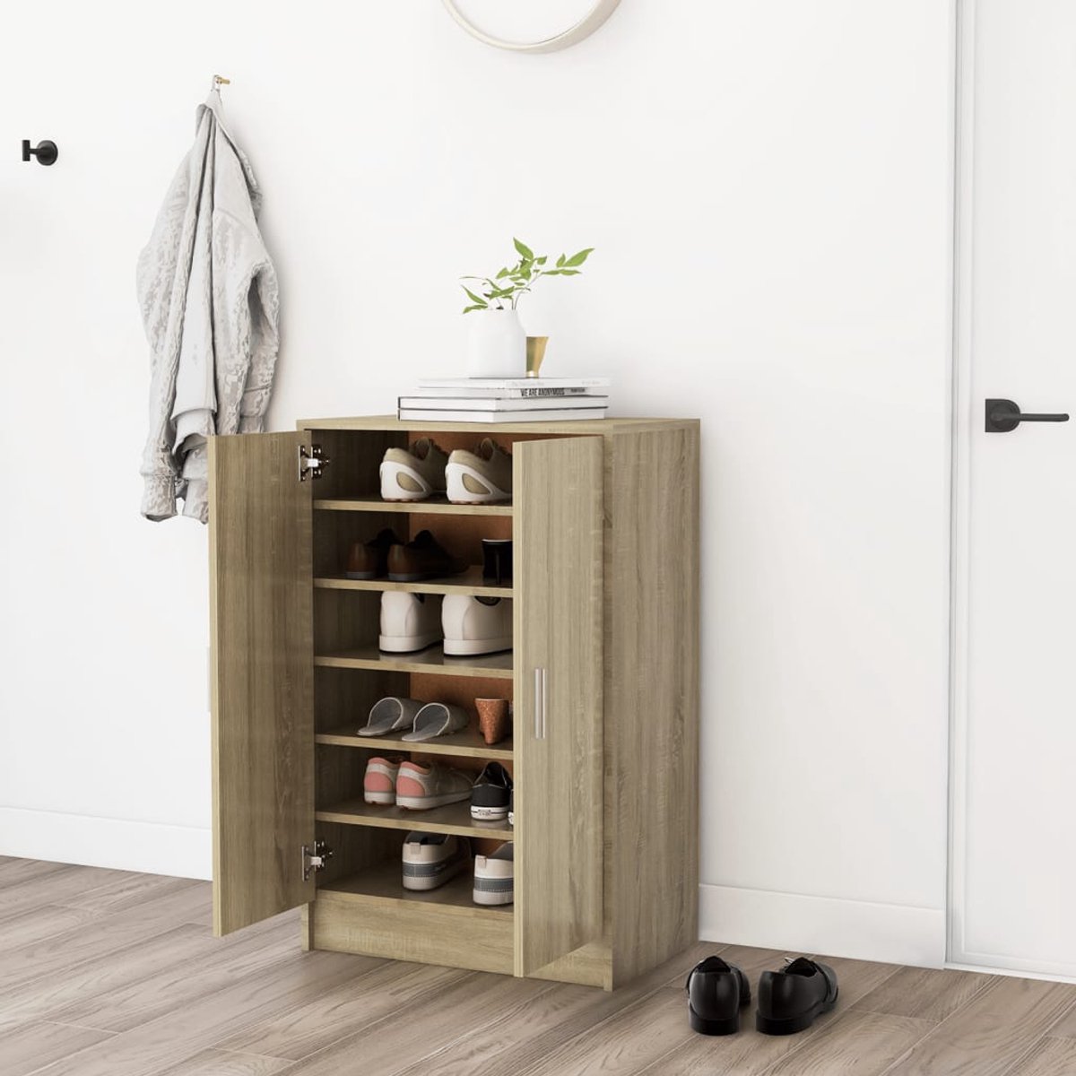 vidaXL Houten Schoenenkast - Schoenenkast - Schoenenkast 60x35x92 cm bewerkt hout sonoma eikenkleurig - Schoenenopbergers - Sonomaplank - Bruine Schoenenkast (8721194155391)