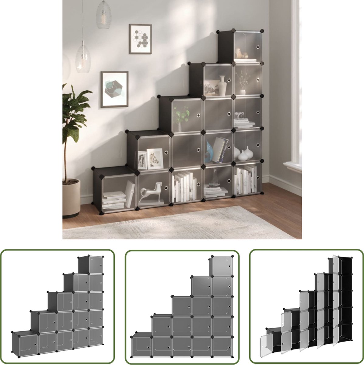 vidaXL Kast - Opbergkast - Opbergmeubel met 15 vakken en deuren polypropeen zwart - Opbergen - Organisatie - Multifunctioneel (8721031230618)