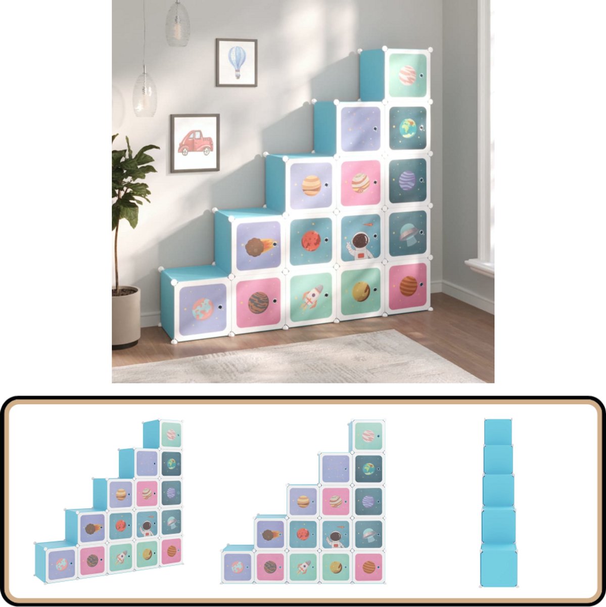 vidaXL Kinderopbergmeubel 15 vakken - Blauw - PP Staal Kinderopbergkast - Opbergkast - Kids Storage - Spelletjeskast - Speelgoedopslag (8186469863416)
