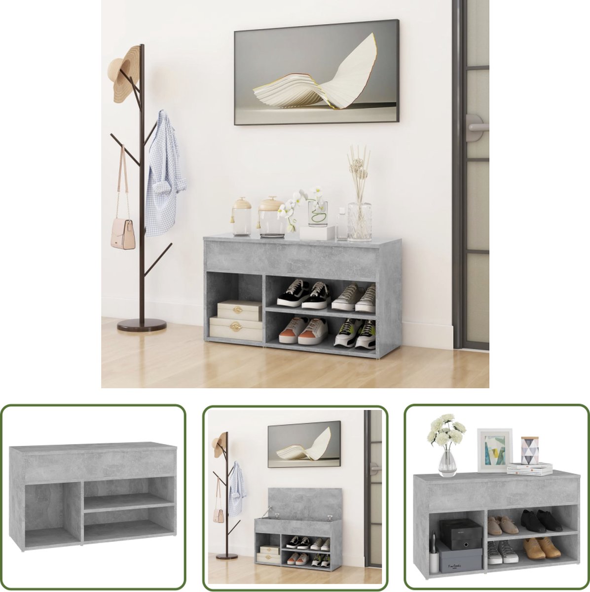vidaXL Opbergbank - Schoenenbank - Schoenenbank 80x30x45 cm bewerkt hout betongrijs - Meubilair - Woonkamerinrichting - Entree (8721031227168)