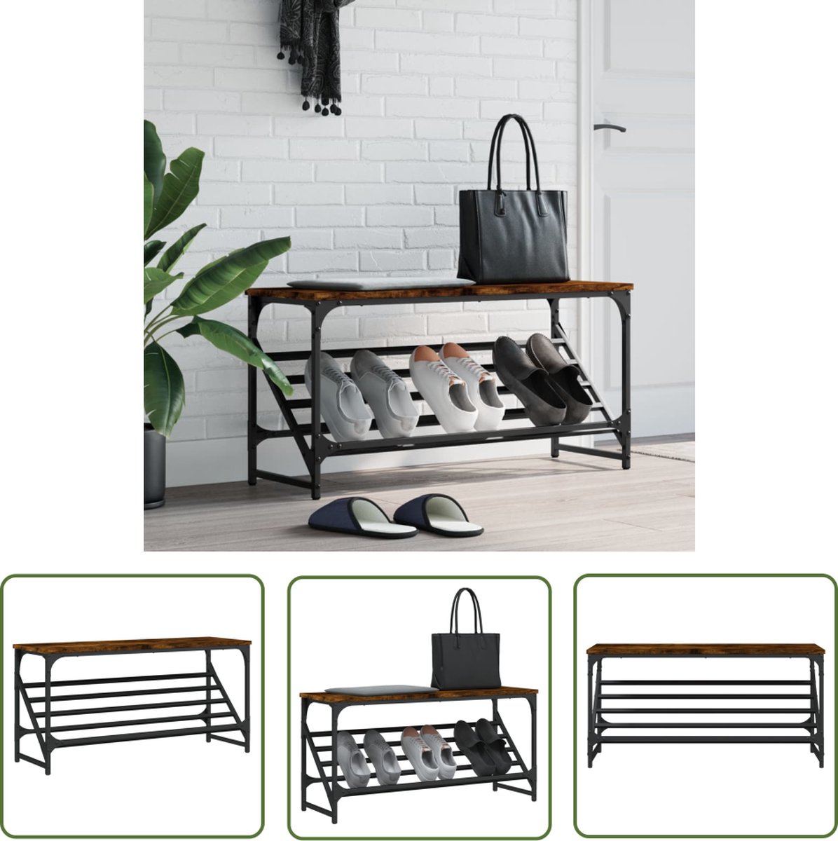 vidaXL Schoenen Kast - Schoenenrek - Schoenenrek 90x30x45 cm bewerkt hout gerookt eikenkleurig - Houten Schoenenrek - Vintage Schoenenrek - Klassiek Schoenenrek (8721194488192)