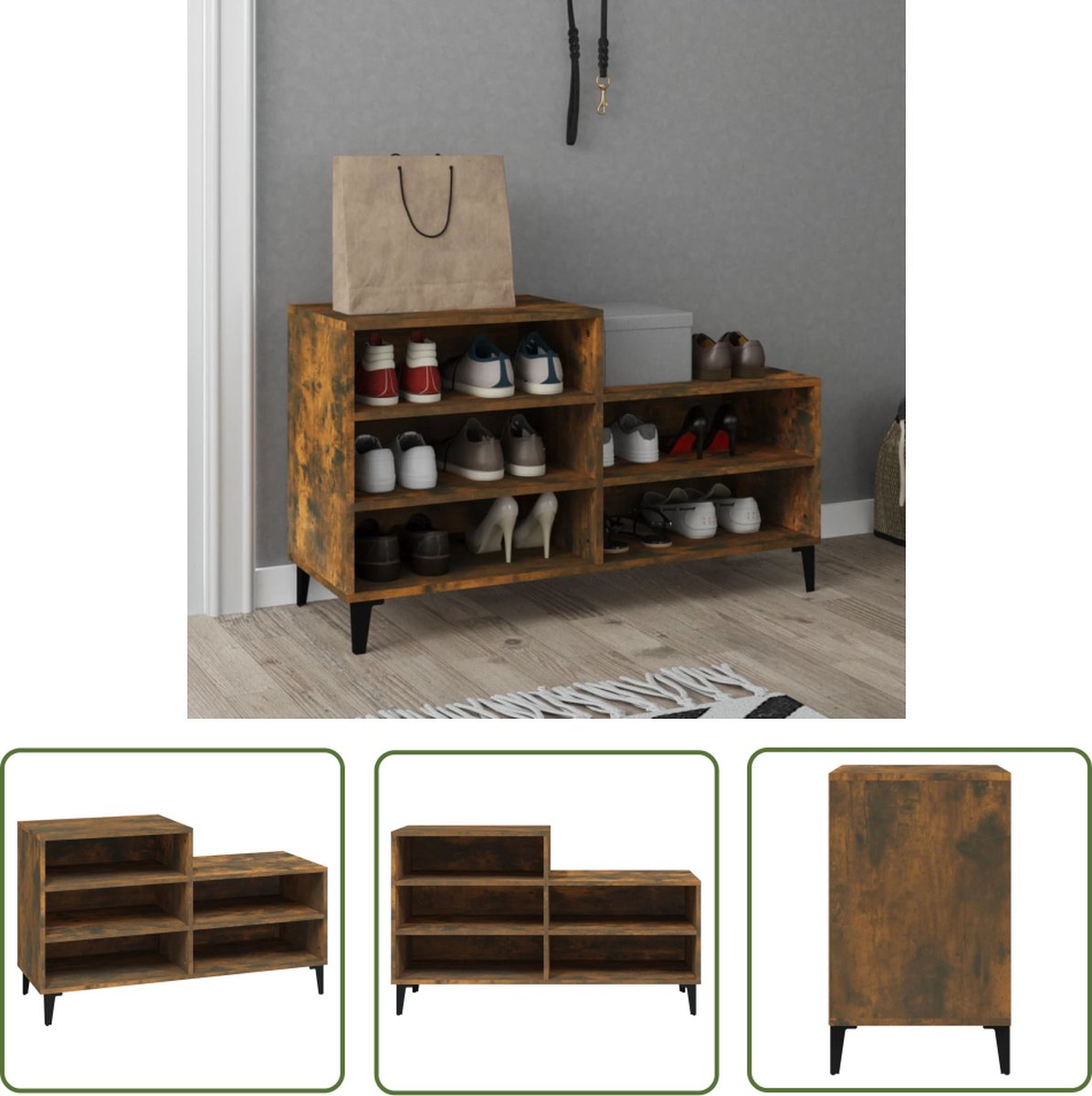 vidaXL Schoenen Rek - Schoenenkast - Schoenenkast 102x36x60 cm bewerkt hout gerookt eikenkleurig - Schoenuitlegger - Bergruimte - Compact (8721032117932)