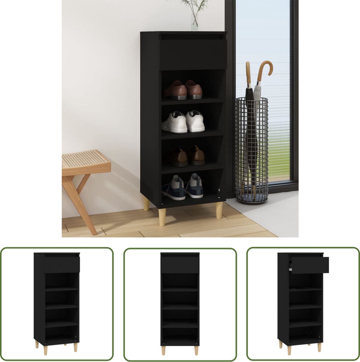 vidaXL Schoenen Rek - Schoenenkast - Schoenenkast 40x36x105 cm bewerkt hout zwart - Houten Schoenenkast - Zwarte Schoenenkast - Compact Schoenenkast (8721032020904)