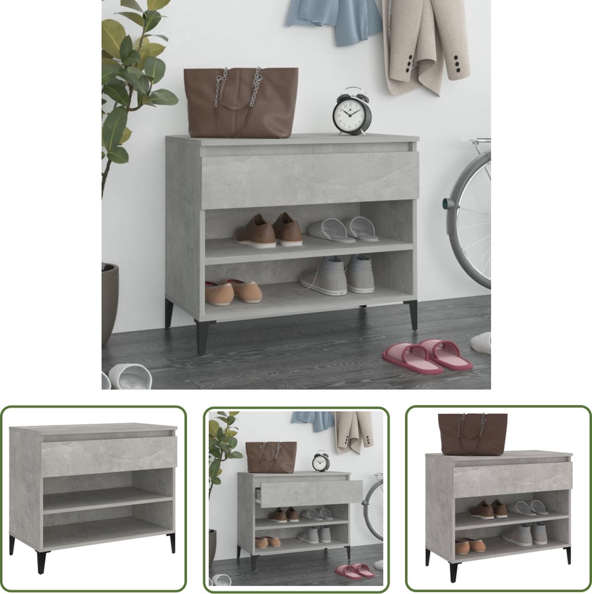 vidaXL Schoenen Rek - Schoenenkast - Schoenenkast 70x36x60 cm bewerkt hout betongrijs - Schoenuitleg - Bergruimte - Entree Kast (8721032101092)