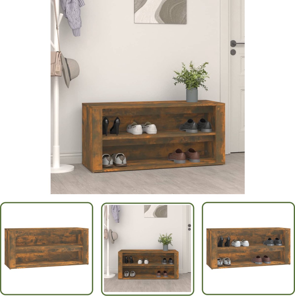 vidaXL Schoenen Rek - Schoenenkast - Schoenenrek 100x35x45 cm bewerkt hout gerookt eikenkleurig - Schoenuitlegger - Bergruimte - Houten Meubels (8721031229186)