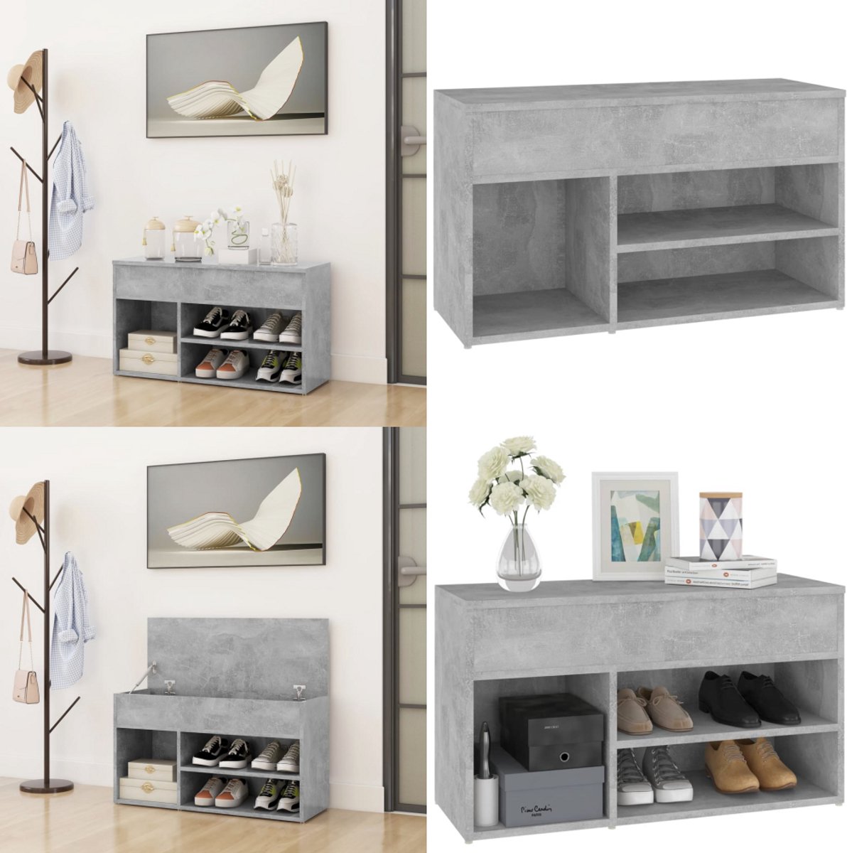vidaXL Schoenenbank 80x30x45 cm bewerkt hout betongrijs - Schoenenbank - Schoenenbanken - Opbergbank - Opbergbanken (8222034679164)