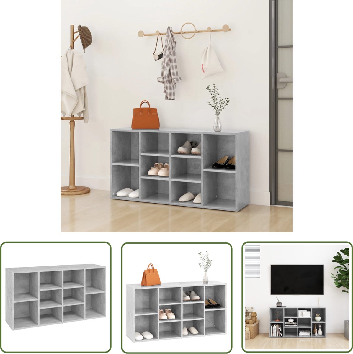 vidaXL Schoenenbank - Garderobebank - Schoenenbank 103x30x54,5 cm bewerkt hout betongrijs - Schoenenkasten - Bergruimte - Organisatie (8721031231189)