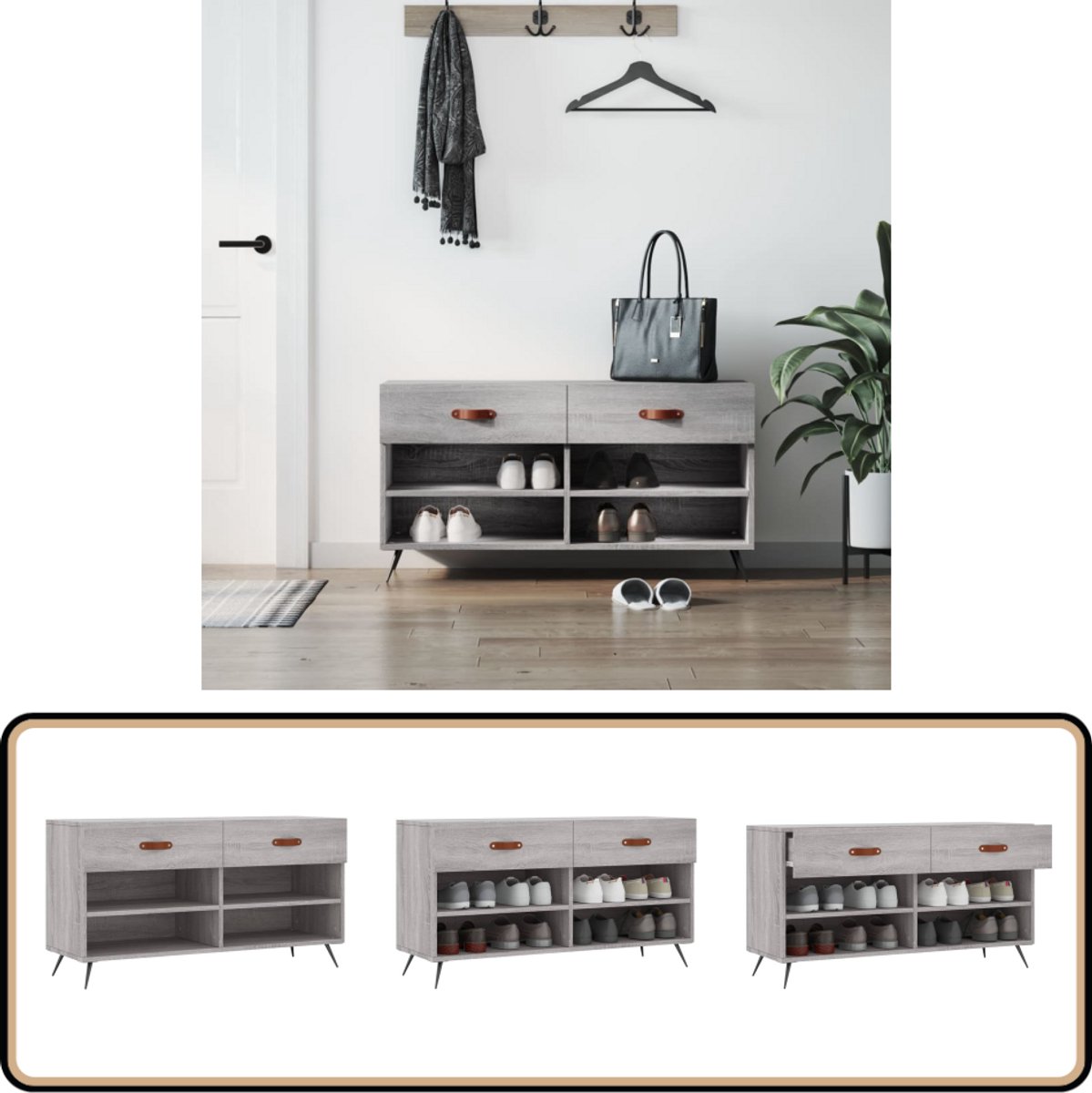 vidaXL Schoenenbank - Grijs Sonoma Eiken - 102x35x55 cm Schoenenbank - Schoenenkasten - Opbergbank - Houten Bank - Grijze Bank (8056477339268)