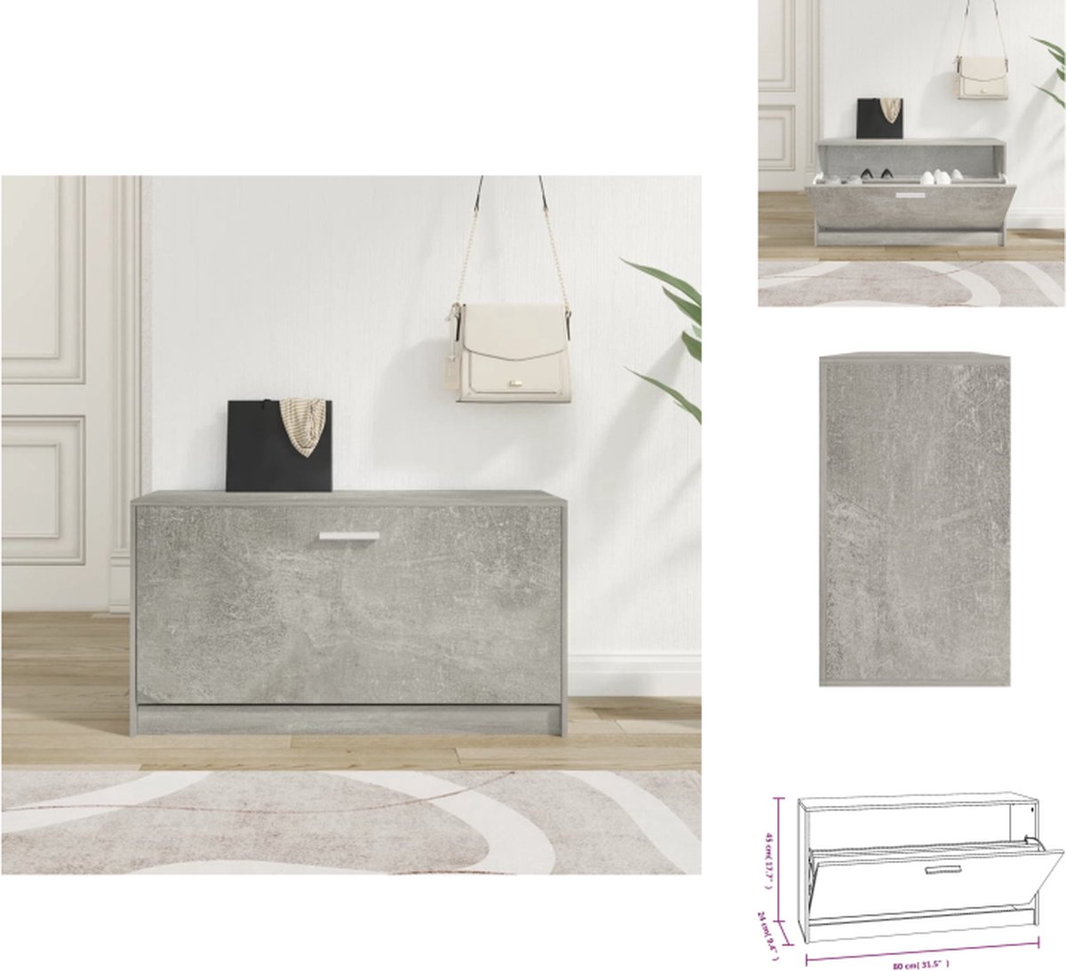 vidaXL Schoenenbank - Schoenenbanken - Opbergbank - Schoenenkast - Schoenenbank 80x24x45 cm bewerkt hout betongrijs (8721032944026)