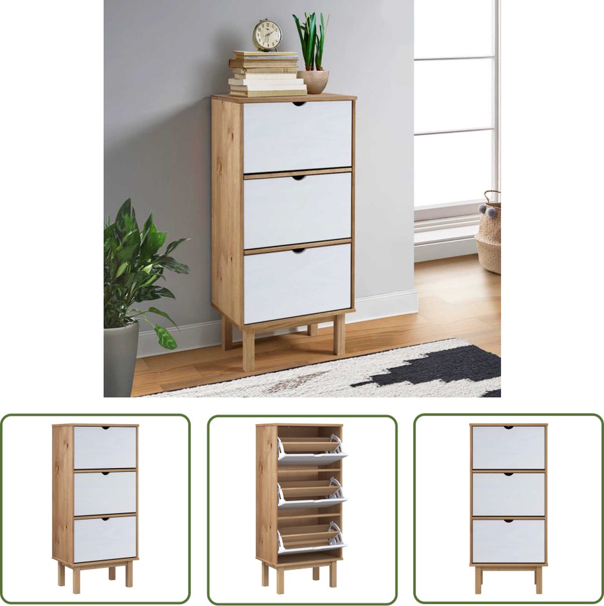 vidaXL Schoenendoos - Schoenenkast - Schoenenkast OTTA 3 lades massief grenenhout bruin en wit - Bergruimte - Garderobe - Entryway Furniture (8721032248469)