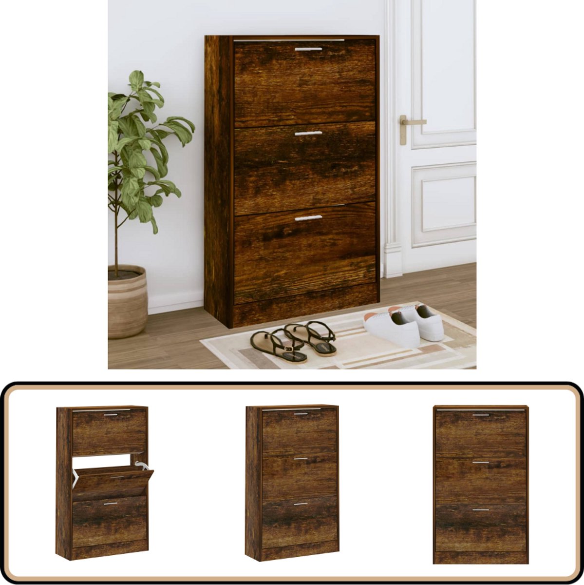 vidaXL Schoenenkast - 63x24x103 cm - Gerookt Eiken Schoenenkast - Houten Schoenenkast - Bruine Schoenenkast - Schoenen Organisatie - Bergruimte (8339148800701)