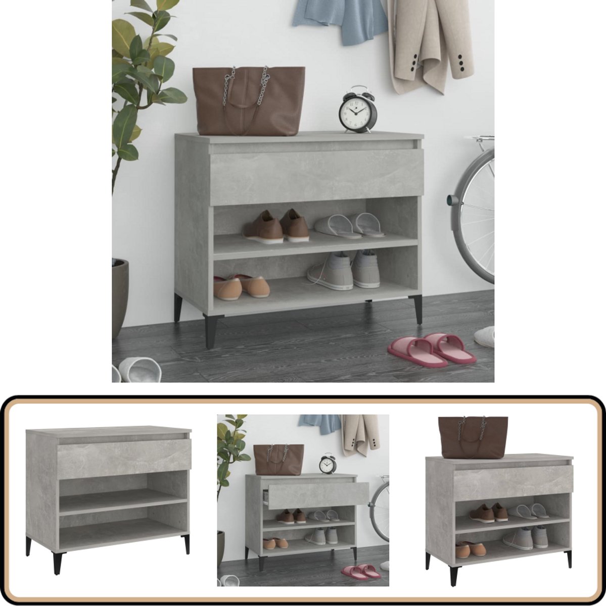 vidaXL Schoenenkast - 70x36x60 cm - Betongrijs Schoenenkast - Schoenuitlegers - Bergruimte - Entree Kast - Interieur Design (8044171122446)