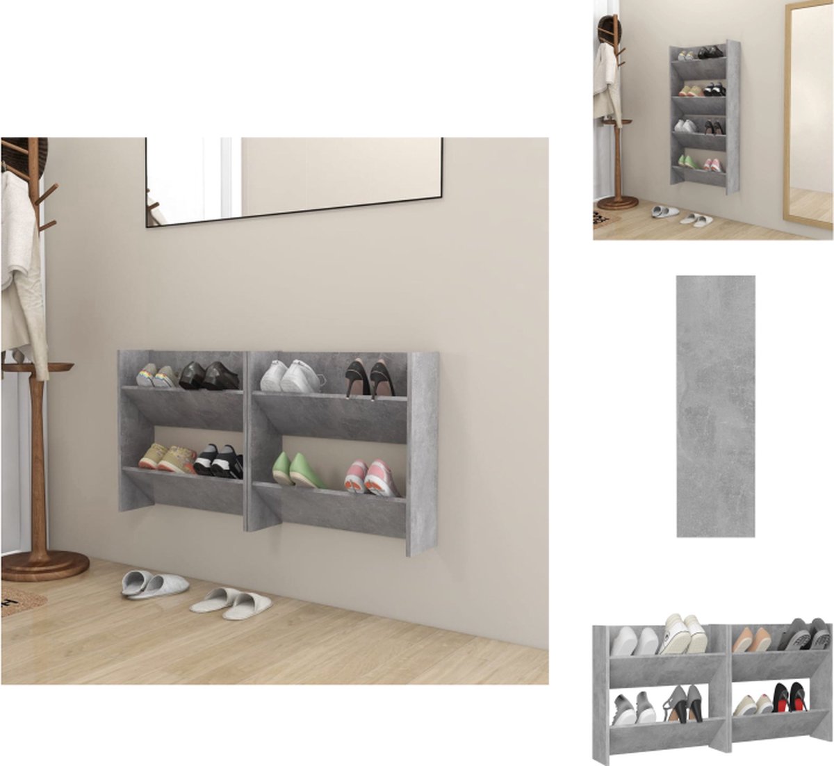 vidaXL Schoenenkast - Betongrijs - 60 x 18 x 60 cm - 2 schappen - Schoenenkast (8721032944866)