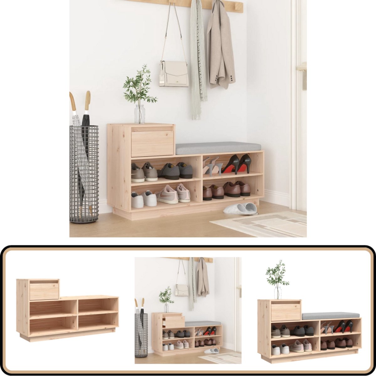 vidaXL Schoenenkast - Grenenhout - 110x34x61 cm Schoenenkast - Schoenen Rek - Schoenuitlegger - Bergruimte - Hout (8056477276464)