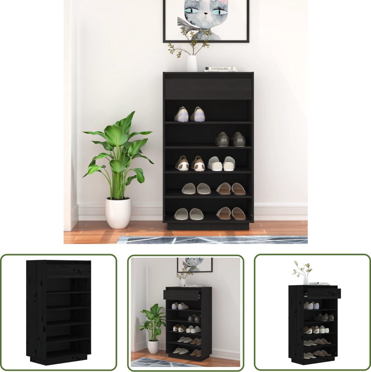 vidaXL Schoenenkast Hout - Schoenenkast - Schoenenkast 60x34x105 cm massief grenenhout zwart - Schoenen Organisatie - Opbergruimte - Entreehal (8721032174232)