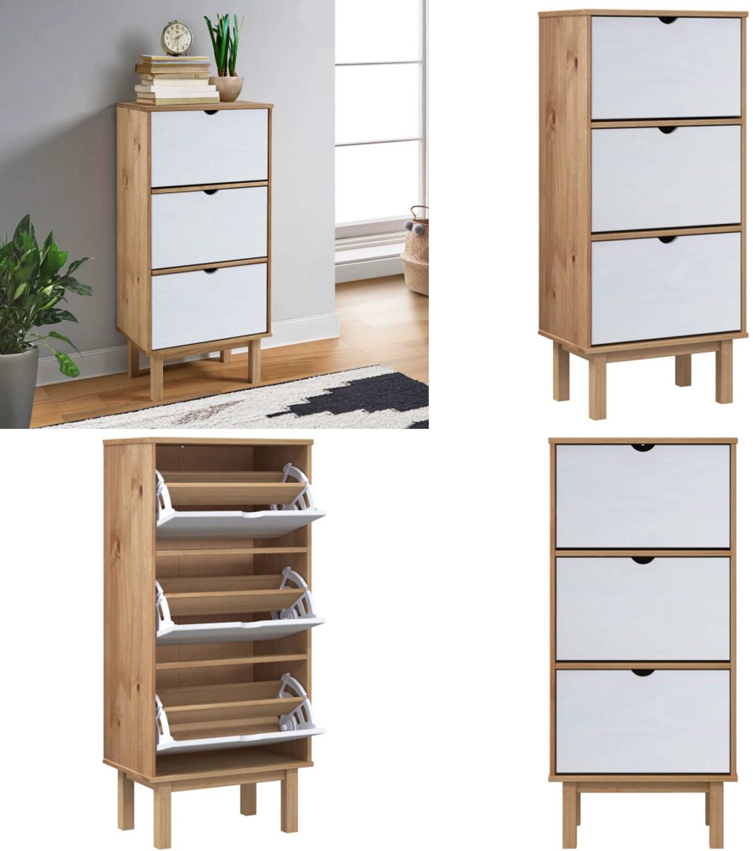 vidaXL Schoenenkast OTTA 3 lades massief grenenhout bruin en wit - Schoenenrek - Schoenenrekken - Opbergrek Voor Schoenen - Schoenenstellage (8262459466031)