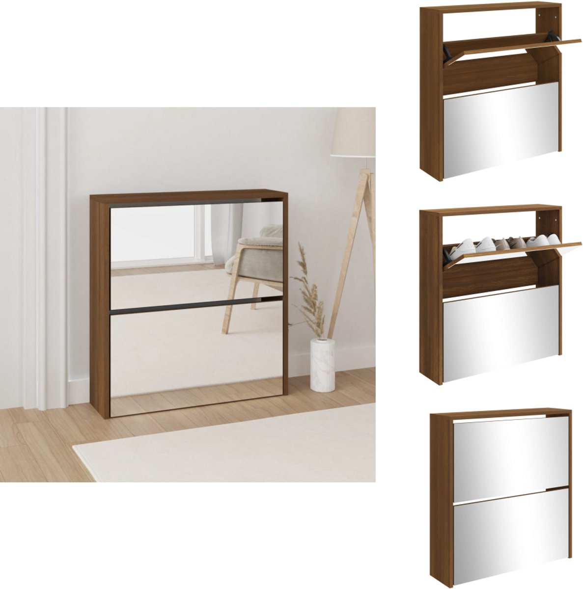 vidaXL Schoenenkast - Schoenenkasten - Berging Voor Schoenen - Schoenenrek - Schoenenkast met spiegel 2-laags 63x17x67 cm bruineiken (8721096941849)