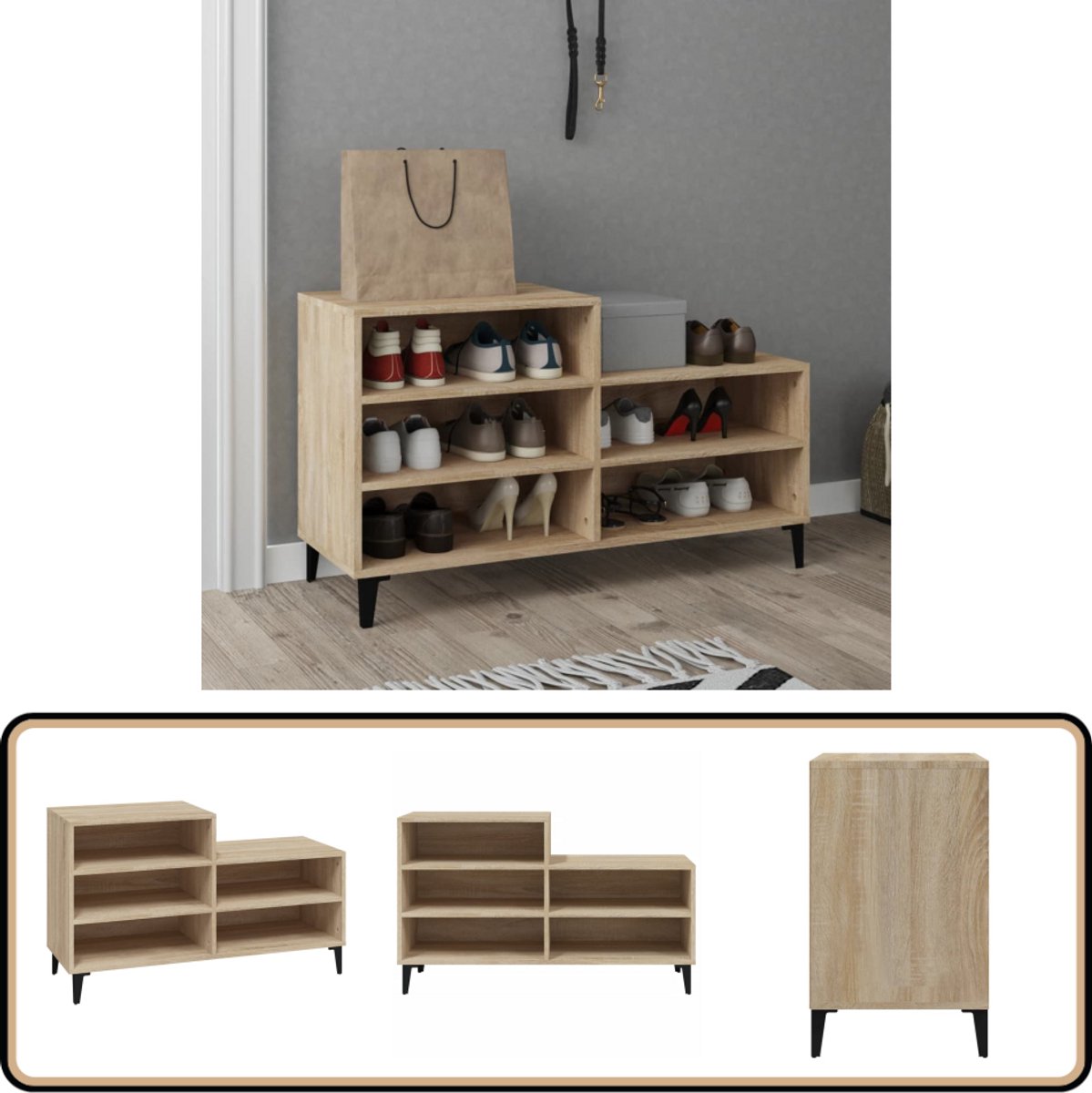 vidaXL Schoenenkast - Sonoma Eiken - 102x36x60 cm Schoenenkast - Schoenen Rek - Bergruimte - Houten Schoenenkast - Eiken Kleur (8041568823443)
