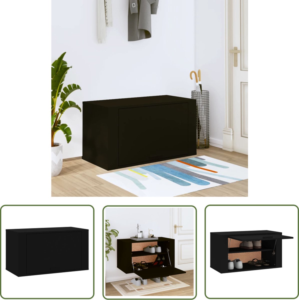 vidaXL Schoenenkast - Wandkasten - Wandschoenenkast 70x35x38 cm bewerkt hout zwart - Schoenenopbergers - Houten Schoenenkast - Zwarte Schoenenkast (8721031229957)