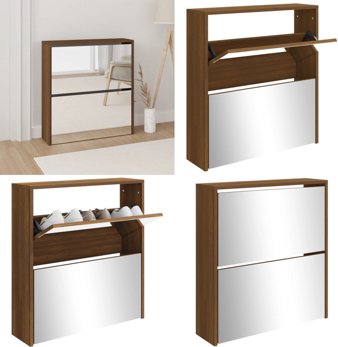 vidaXL Schoenenkast met spiegel 2-laags 63x17x67 cm bruineiken - Schoenenkast - Schoenenkasten - Berging Voor Schoenen - Schoenenrek (8259284674434)