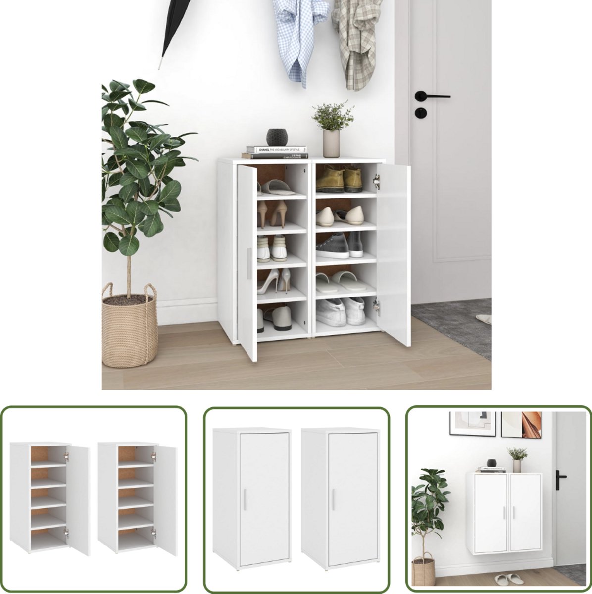 vidaXL Schoenenkasten - 2 stuks - Wit - Bewerkt hout Schoenenkast - Schoenenopbergers - Houten Kast - Witte Kast - Bergruimte (8204638468726)