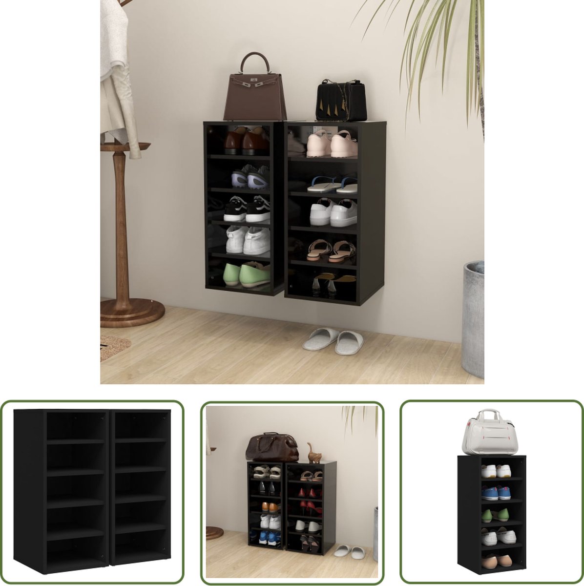 vidaXL Schoenenopbergers - Schoenenkast - Schoenenkasten 2 st 31,5x35x70 cm bewerkt hout zwart - Schoenen Rek - Kast - Bergruimte (8721031227588)