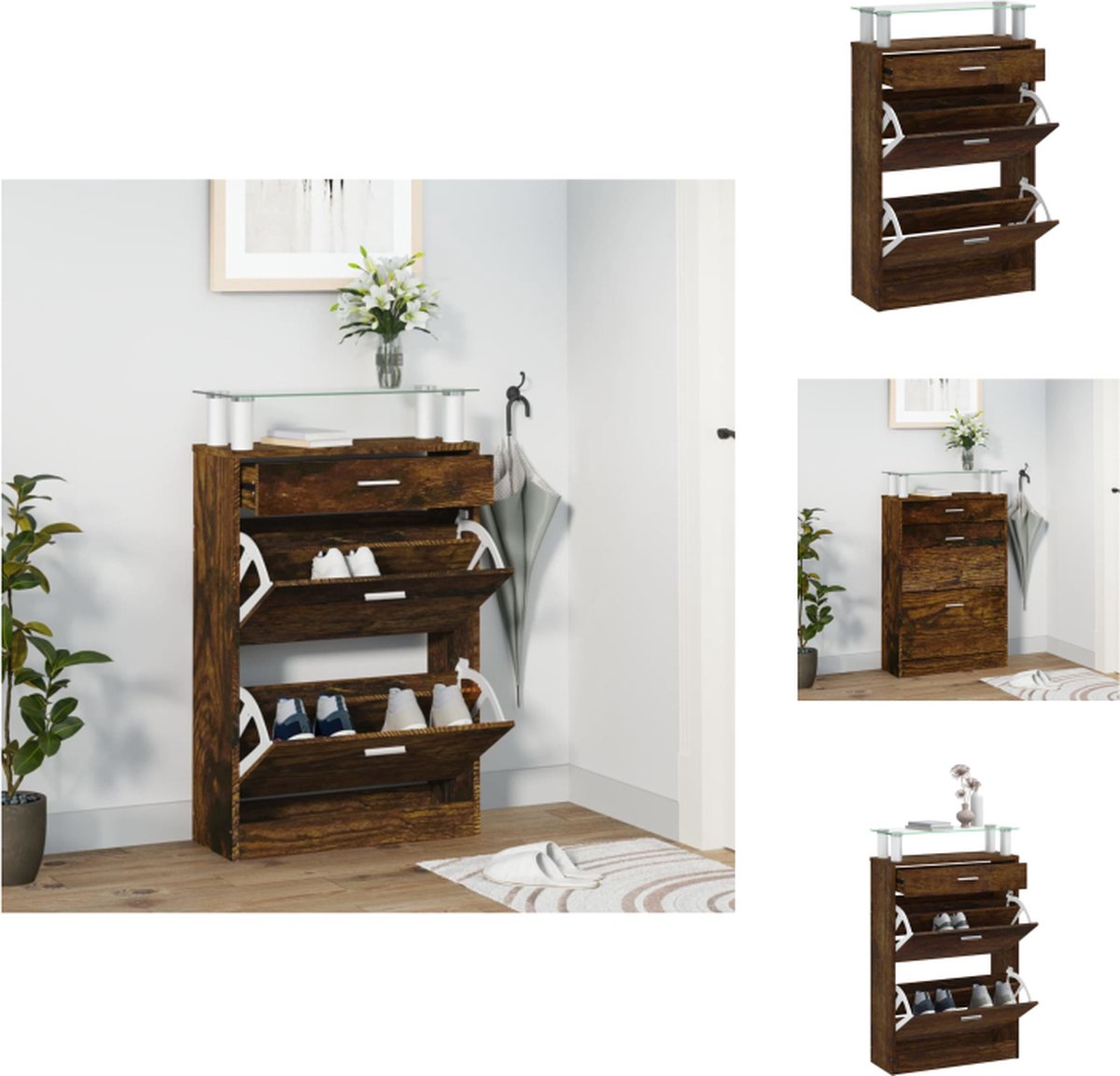 vidaXL Schoenenrek - Schoenenrekken - Opbergrek Voor Schoenen - Schoenenstellage - Schoenenkast 63x24x104 cm bewerkt hout gerookt eikenkleurig (8721096725722)