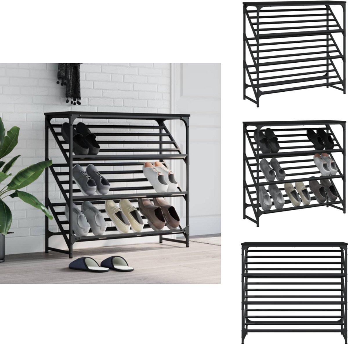 vidaXL Schoenenrek - Schoenenrekken - Schoenenkast - Schoenen Kast - Schoenenrek 90x30x85 cm bewerkt hout zwart (8051314162047)