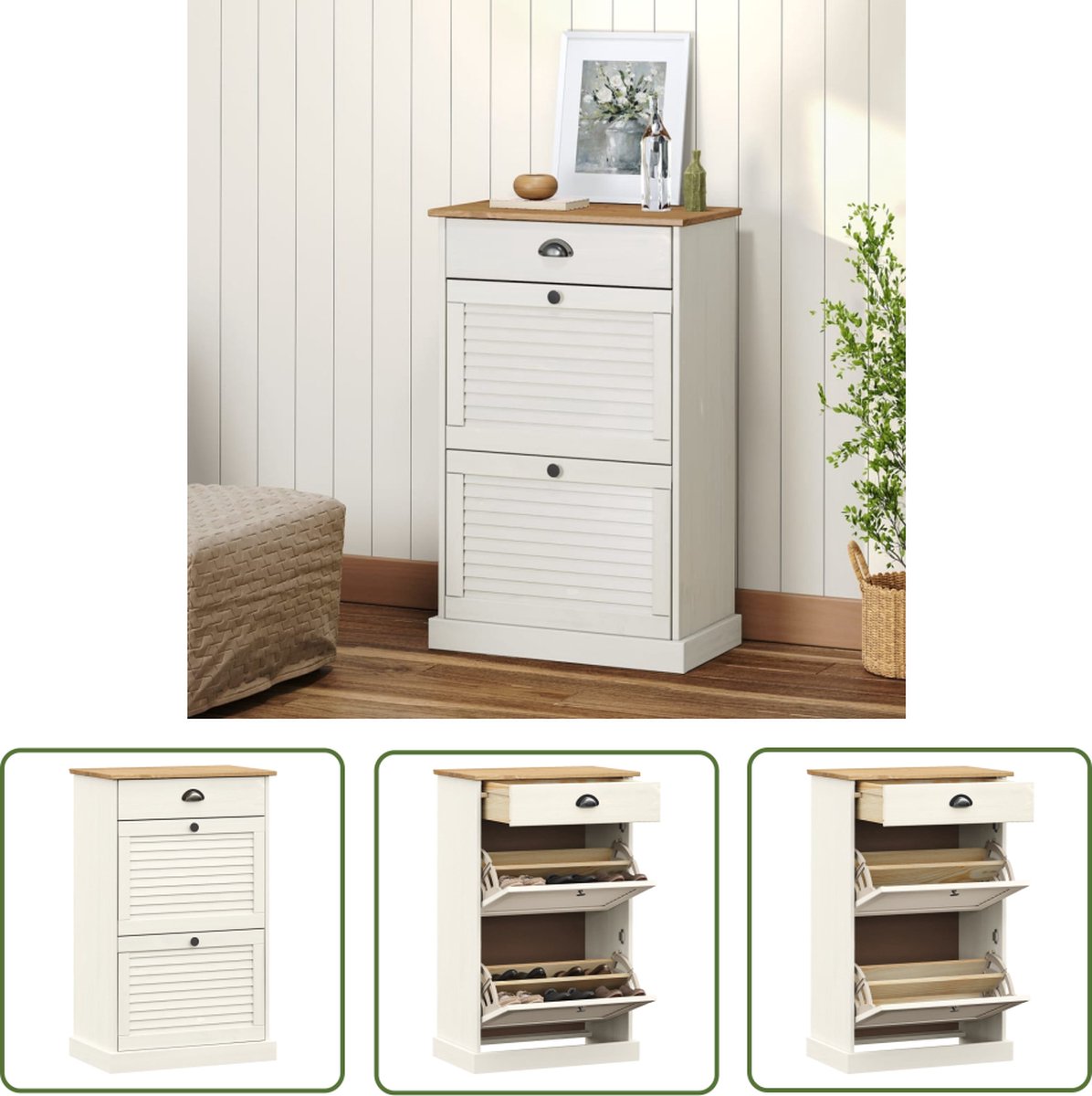 vidaXL Schoenuitlegers - Schoenenkast - Schoenenkast VIGO 60x35x96 cm massief grenenhout wit - Houten Schoenenkast - Garderobe - Entreehal (8721032194681)