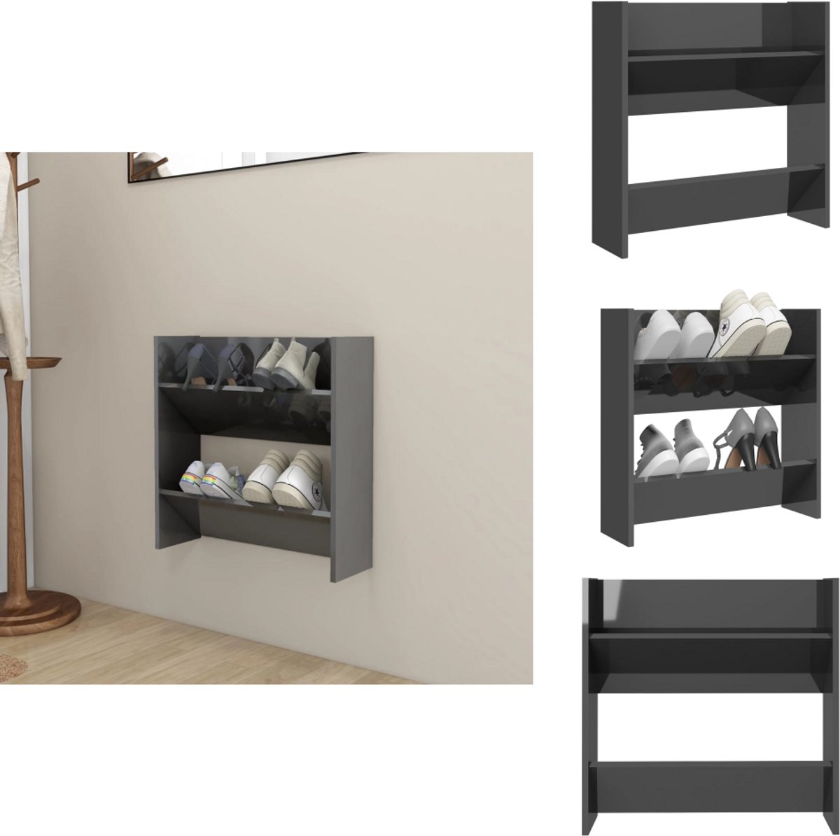 vidaXL Wandschoenenkast - Wandschoenenkasten - Wandkast Voor Schoenen - Wandkasten Voor Schoenen - Wandschoenenkast 60x18x60 cm bewerkt hout hoogglans grijs (8721032944705)