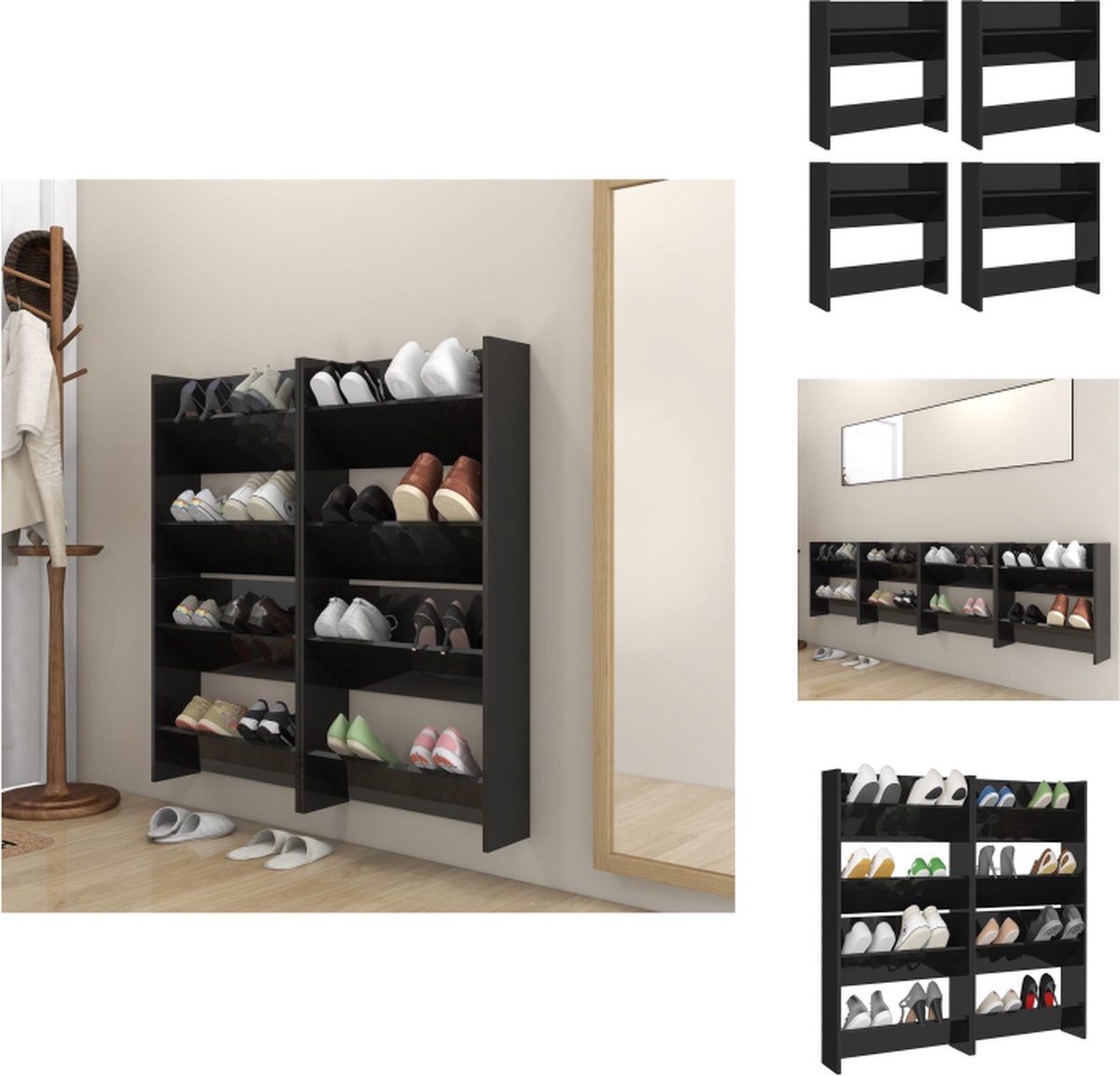 vidaXL Wandschoenenkast - Wandschoenenkasten - Wandkast Voor Schoenen - Wandkasten Voor Schoenen - Wandschoenenkasten 4 st 60x18x60 cm hout hoogglans zwart (8721032941186)