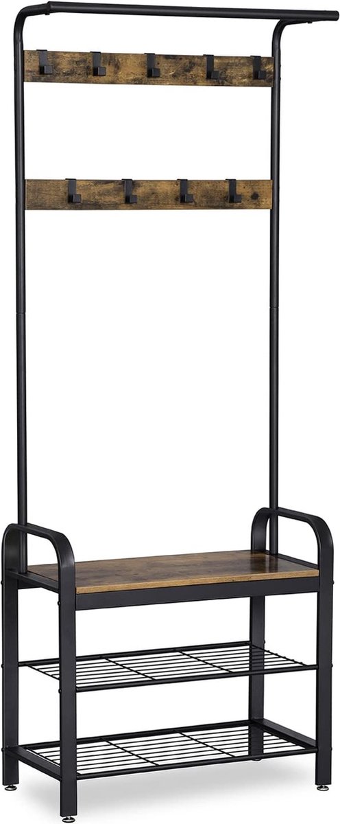 AZURU Schoenenkast met Zitbank en Kapstok - Geshikt voor 8 paar schoenen - 2 lagen - 9 kapstok haken - Metaal - Hout - Bruin - Zwart (8683420400821)