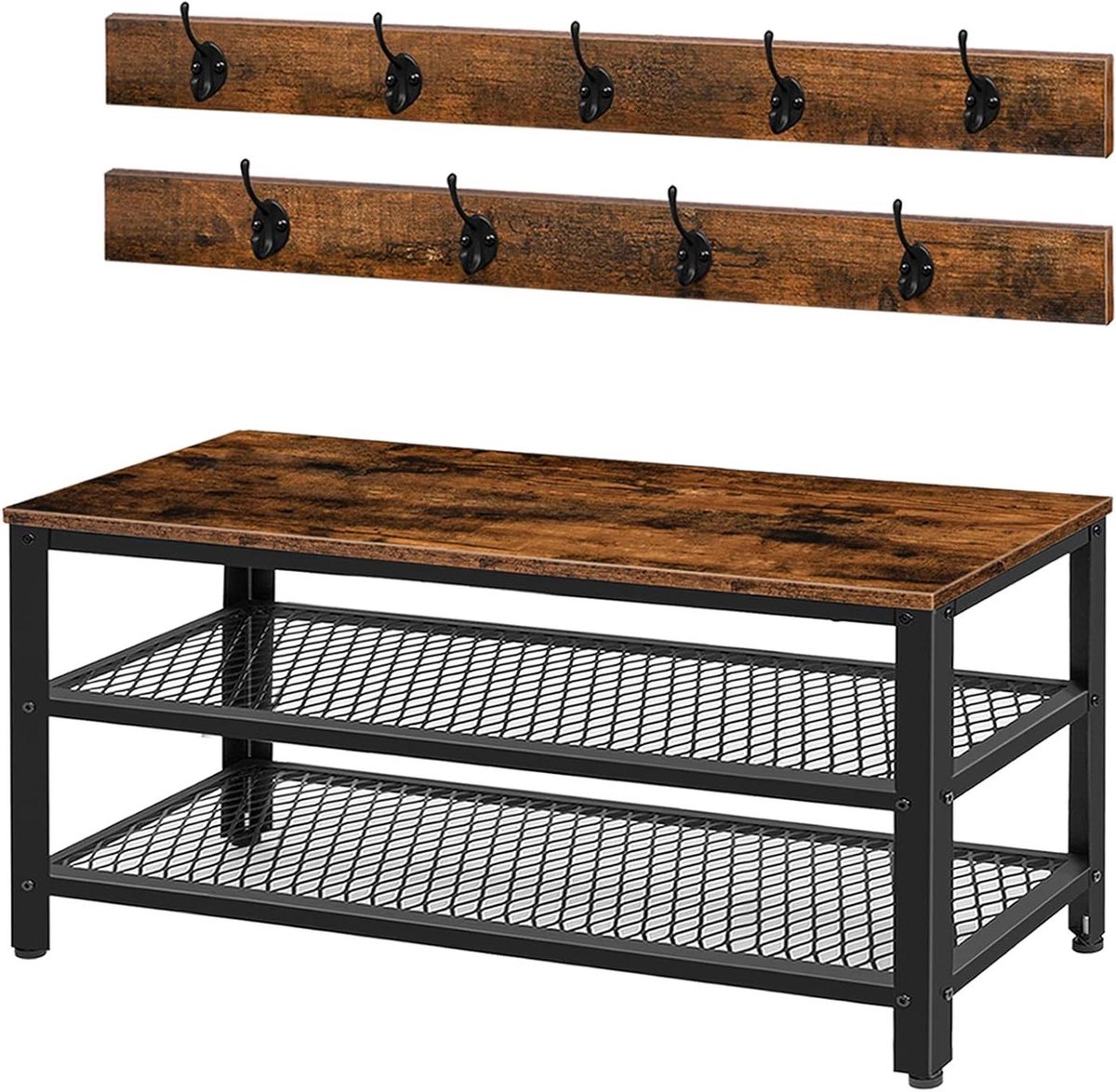 Allecto plus - Kapstok Schoenbank Set 100cm Industrieel Ontwerp Vintage Bruin-Zwart met Zitting Metaal Frame 9 Haken Schoenenrek Opbergruimte (8785330262459)