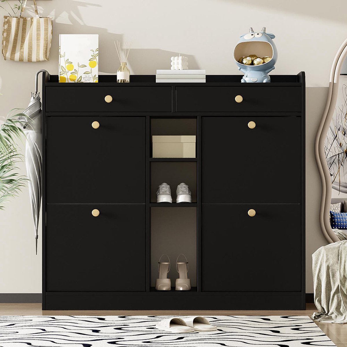 BLACKCOLORS Elegante zwarte schoenenkast met 4 klapdeuren, 2 lades, 3 open vakken - perfect voor moderne gangen en entrees, afmetingen 110 x 26 x 100 cm (6270236302153)