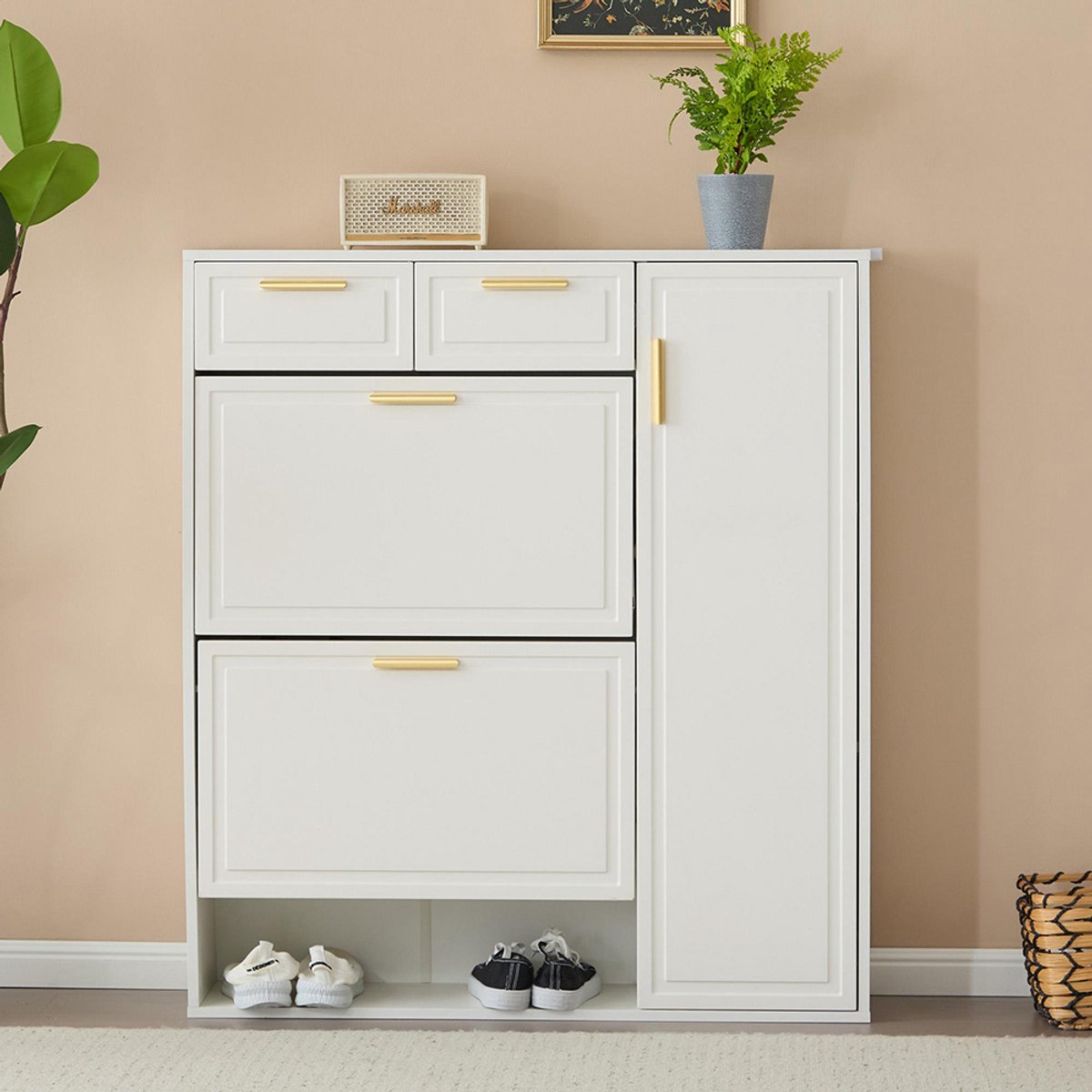 BLACKCOLORS Moderne schoenenkast met verstelbare planken gouden handgrepen laden opvouwbare schoenenkast en witte deuren L95/P24/H1075 (6275481875445)