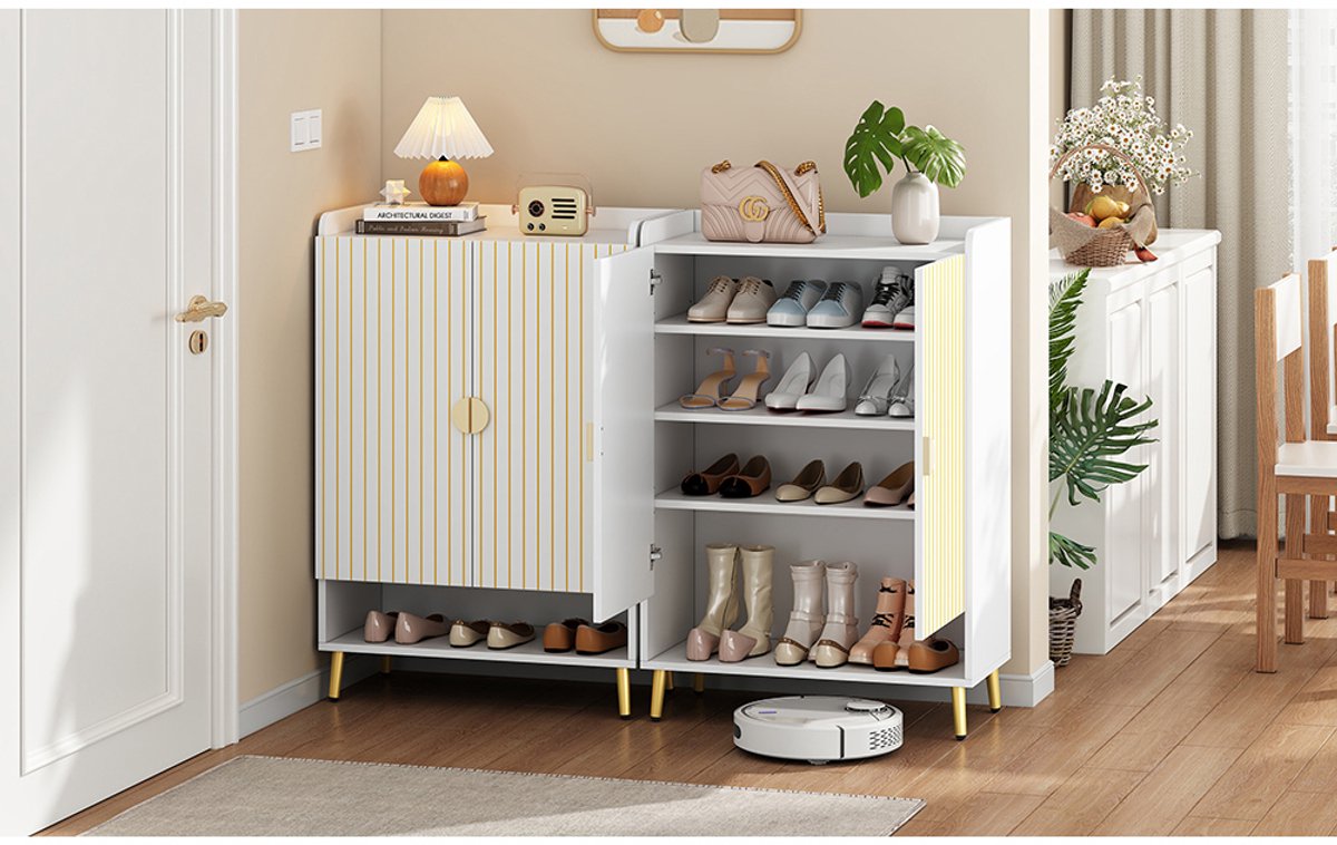 BLACKCOLORS Twee moderne schoenenkasten met dubbele deuren, schoenenkast voor de hal voor opslag en organisatie, schoenenkast van MDF, schoenenrek met drie niveaus in wit, open lade onderaan, 75 x 35 (6270236302559)