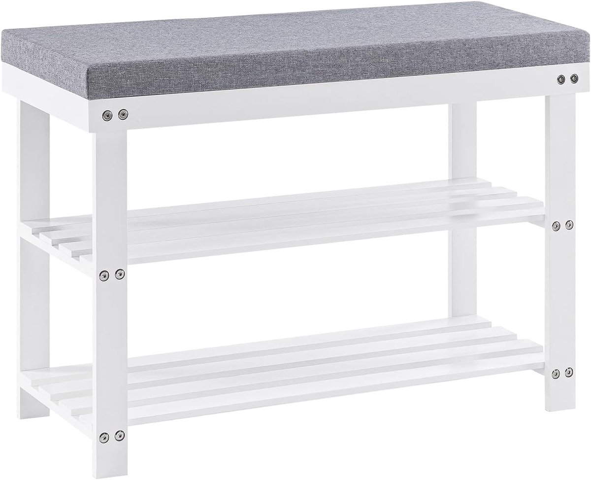 Bamboe schoenenbank met 3 niveaus - 70 x 28 x 50 cm, schoenenrek met gevoerde zitting voor porch, woonkamer, slaapkamer & badkamer, wit (8785341243256)