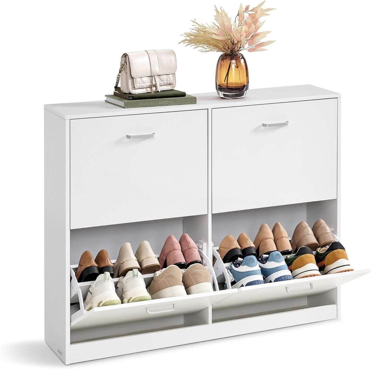 Conway Living® - Schoenenkast - voor 28 paar Schoenen - Schoenenrek met 4 inklapbare lades - 24 x 83 x 106 cm - Hout - Wit (8721321470519)