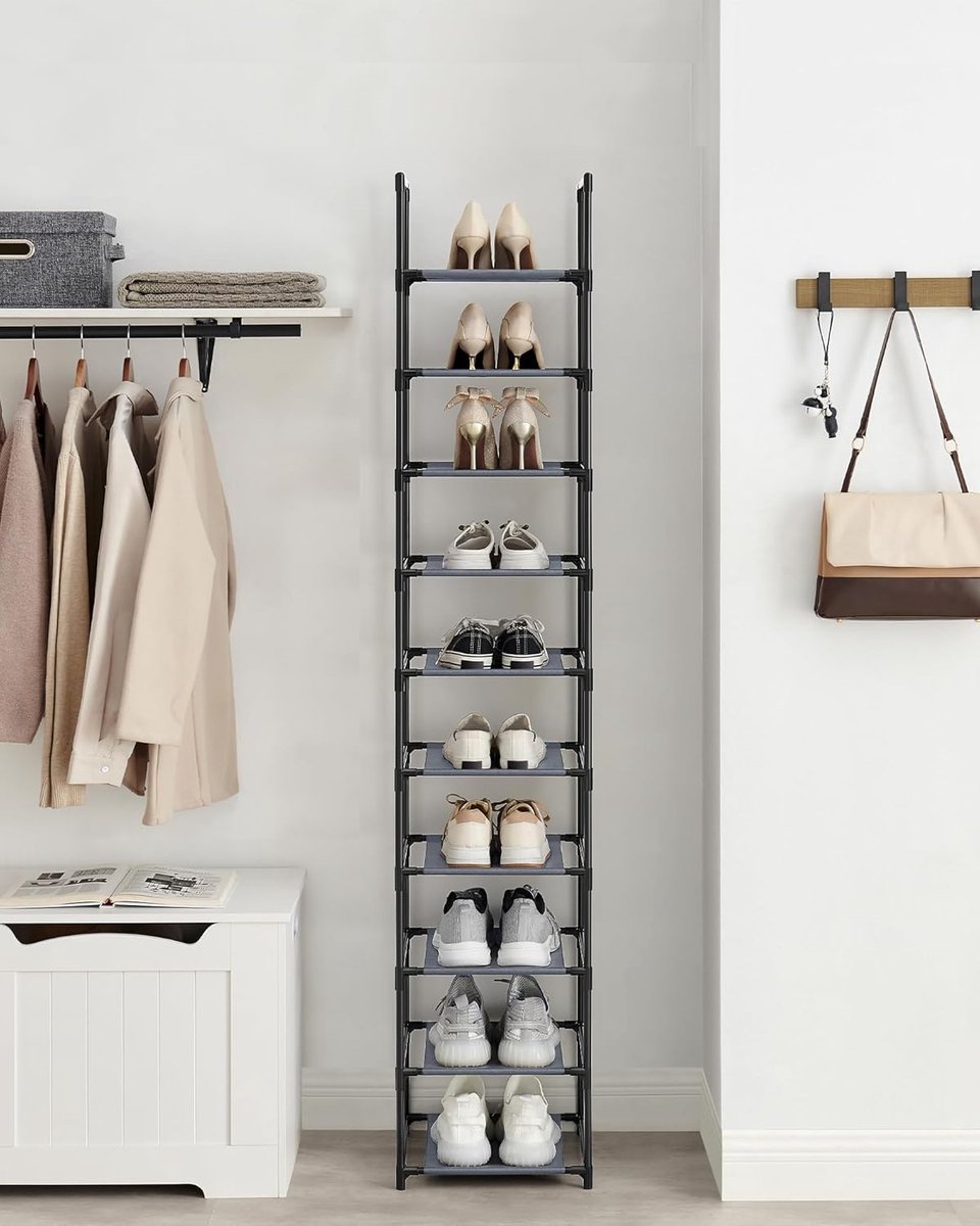 Conway Living® - Schoenenrek - Schoenenbank 10 niveaus - Open Schoenenkast - Opbergkast van Schoenen Industrieel - Smal en Hoog - 33 x 33 x 173 cm - Metalen Zwart - Frame Grijs (8721321470502)