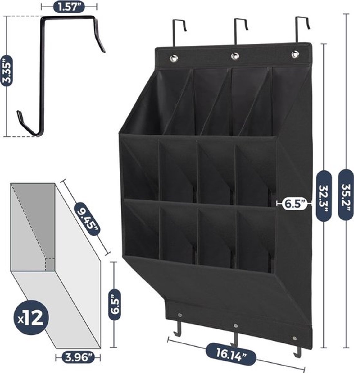 Daity Schoenenrek voor over de deur met haken, organizer met 12 vakken voor schoenen, accessoires en meer, ruimtebesparende garderobekastoplossing, zwart (8032766883025)