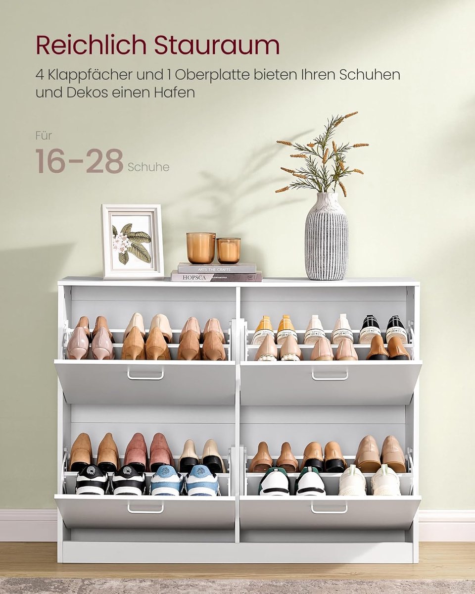 FurnStar - Schoenenkast met 4 kleppen - Ruimtebesparend schoenenrek met verstelbare scheidingswand - Voor 16-28 paar schoenen - Halmeubel - Sneeuwwit - 24 x 105,5 x 82,7 cm (8683420415146)