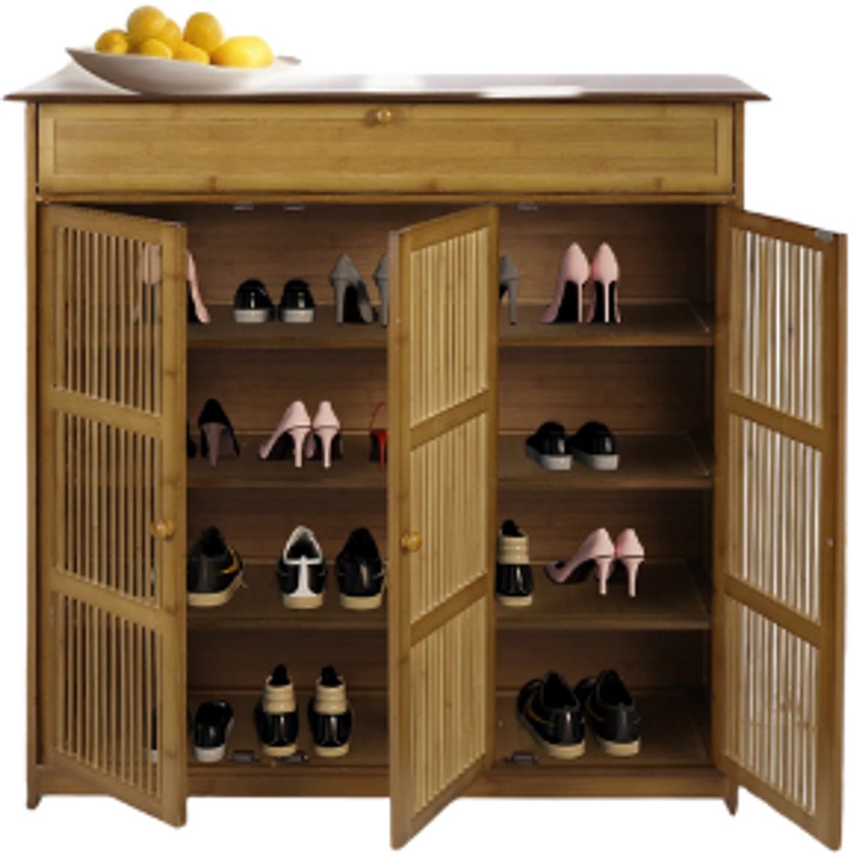 Hennova Schoenenkast - Houten kast - Schoenenrek - 3 Deuren - 4 Planken - Opbergvak - Bamboe - Lichtbruin - 93 x 32 x 98 cm (8721381581064)