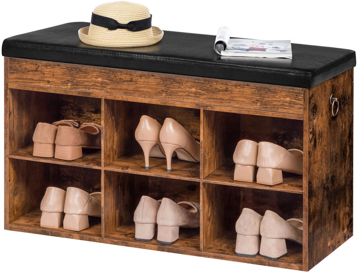 Hennova Schoenenkast - Schoenenbank - Schoenenrek - Opbergbank - Halbank - Met zitkussen - 135 kg draagcapaciteit - Donkerbruin - 31 x 80 x 46 cm (8721381580920)