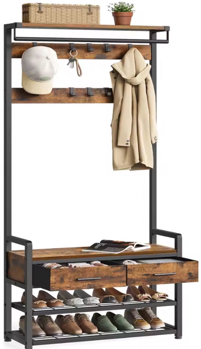 Industrieel Kapstok met Schoenenrek en Zitbank - 6-in-1 Halmeubel - Met Haken, Lades en Opbergruimte - Metaal en Hout - 181,6 cm Hoog - Garderoberek voor Hal, Gang of Entree (8721381160368)