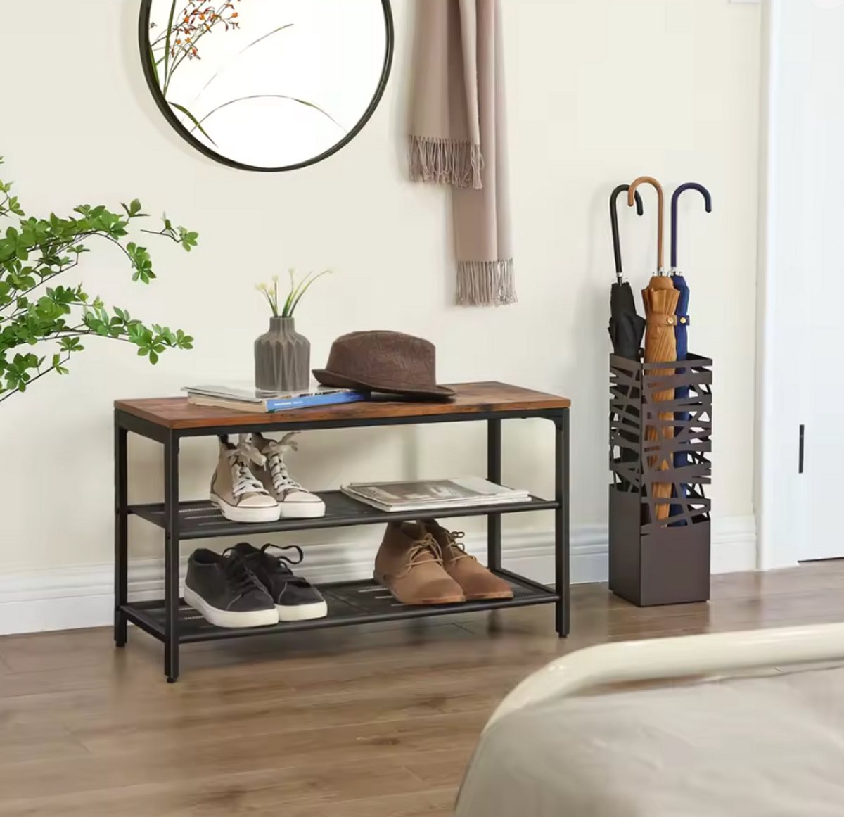 Industriële Schoenenrek Bank - Met 3 Lagen - Metaal & Hout - Schoenenkast met Zitgedeelte - 80x30x44,5 cm - Halbank - Schoenen Organizer (8721381160351)